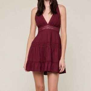 Burgundy Fit and Flare Embroidered Lace Mini Dress